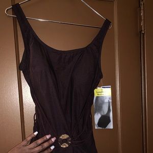 Longitude One Piece Swimsuit Tank, Brown/Gold Belt